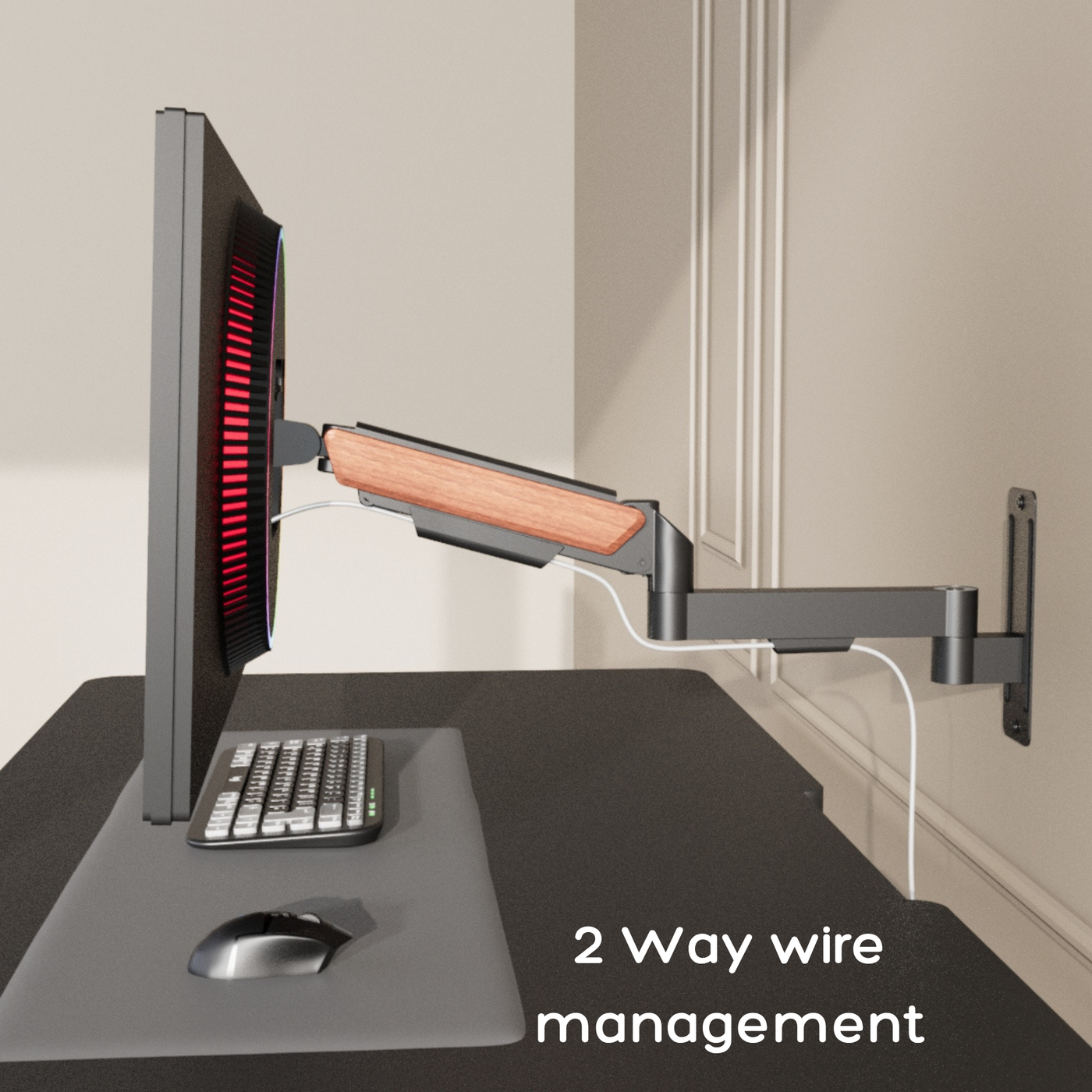 FlowArm Wall Mount in black — 2-way integrated cable management channel keeping monitor wires hidden