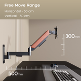 FlowArm Wall Mount in black — full motion range with 50 cm horizontal reach and 30 cm vertical lift