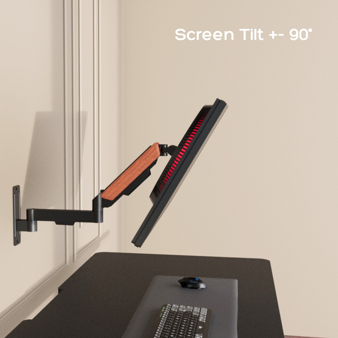 FlowArm Wall Mount in black — ±90° screen tilt adjustment for ergonomic viewing angle