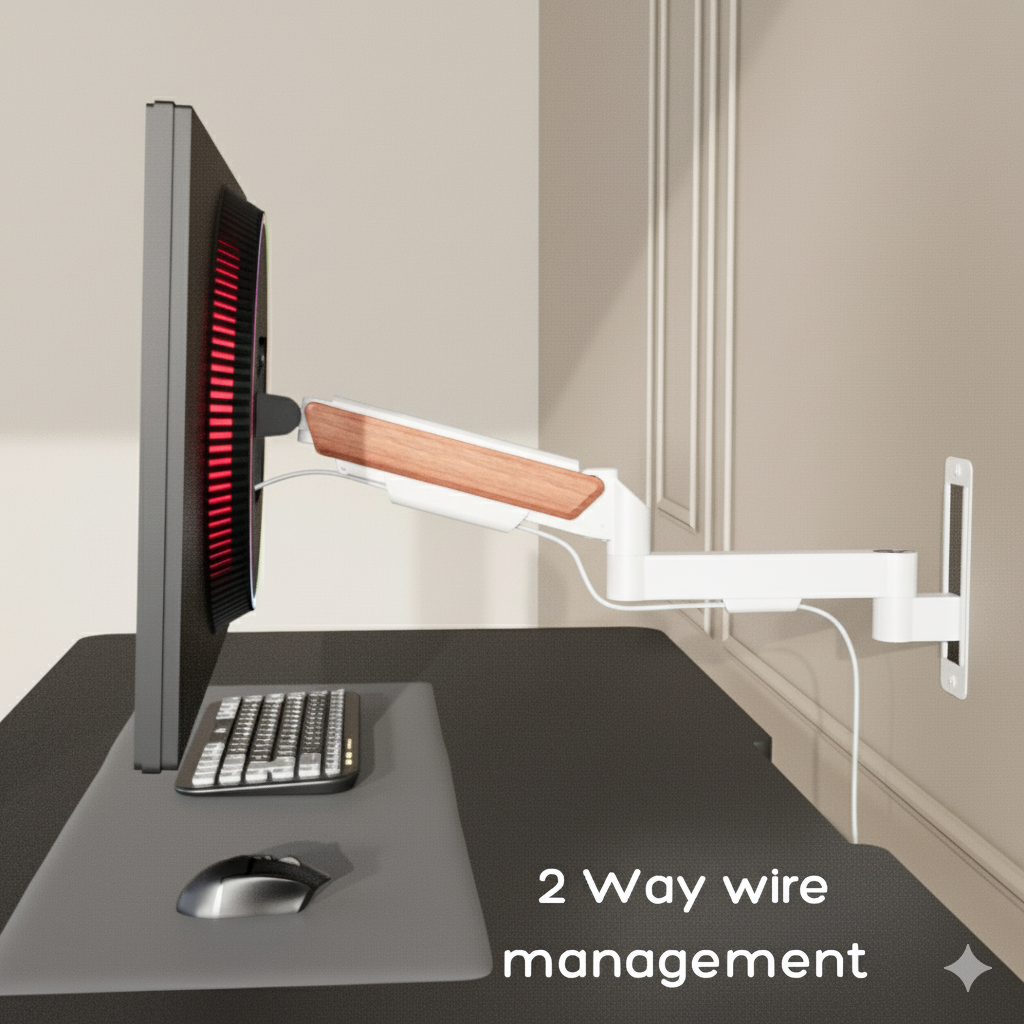FlowArm Wall Mount in white — 2-way integrated cable management channel keeping monitor wires hidden