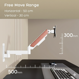 FlowArm Wall Mount in white — full motion range with 50 cm horizontal reach and 30 cm vertical lift